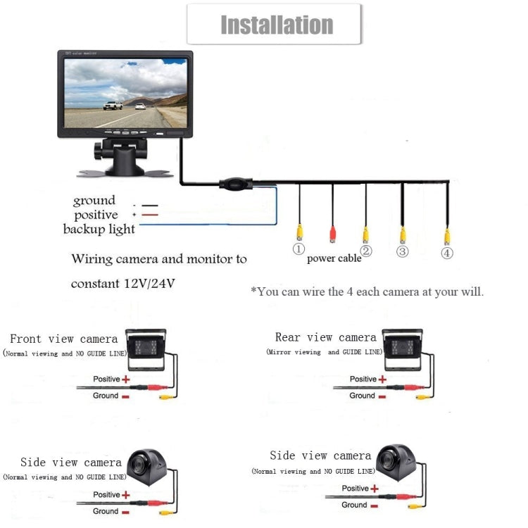 K0164 7 inch HD Car 18 IR Night Vision Rear View Backup Four Cameras Rearview Monitor, K0164 K0164 7 inch HD Car 18 IR Night Vision Rear View Backup Four Cameras Rearview Monitor, K0164